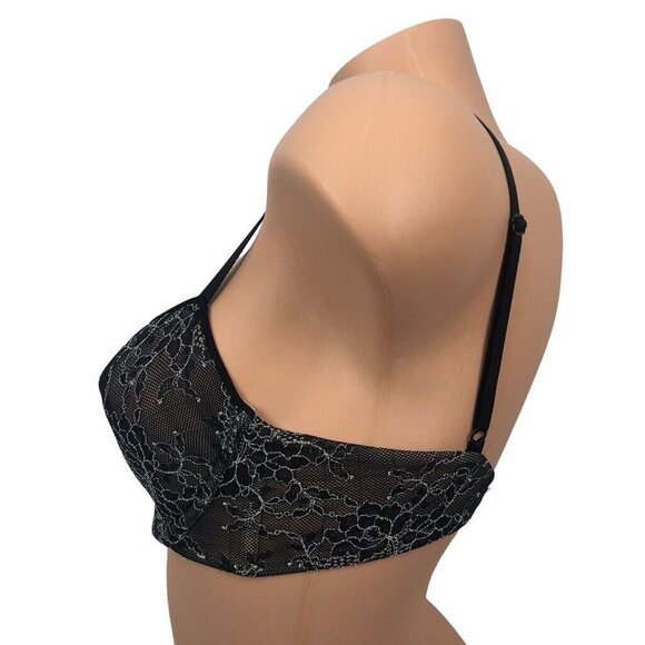 Victoria's Secret Balconette Bra Size 32D Black Embroidered Floral Lace Unpadded - Picture 4 of 7